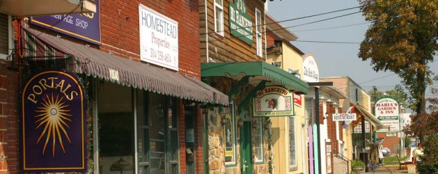 A small-town street scene featuring various local businesses, including a metaphysical shop named "Portals," a store named "Homestead," and "Main St Pizza." The view captures colorful signs, awnings, and a few trees lining the sidewalk on a sunny day.