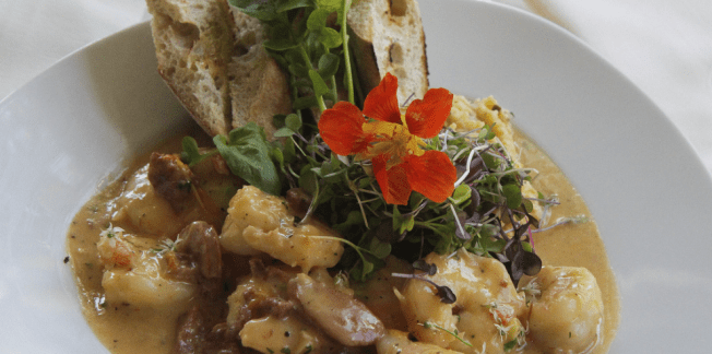 A white plate contains a dish of creamy potato gnocchi with pieces of meat in a sauce, garnished with microgreens, an orange edible flower, and accompanied by slices of toasted bread. The background shows a white tablecloth and a folded napkin.