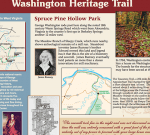 A historical information board titled "Washington Heritage Trail" featuring details and images about Spruce Pine Hollow Park in West Virginia. It includes information on the Meadow Branch of Sleepy Creek, James Rumsey, and the Tuscarora Trail.