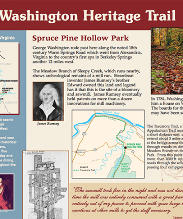 A historical information board titled "Washington Heritage Trail" featuring details and images about Spruce Pine Hollow Park in West Virginia. It includes information on the Meadow Branch of Sleepy Creek, James Rumsey, and the Tuscarora Trail.