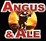 Logo for Angus & Ale featuring a silhouette of a bull holding a frothy mug of beer. The bull is centered over a fiery background, and the text "ANGUS & ALE" is in bold red letters with white outlines.