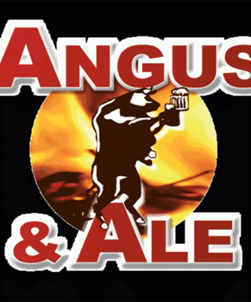 Logo for Angus & Ale featuring a silhouette of a bull holding a frothy mug of beer. The bull is centered over a fiery background, and the text "ANGUS & ALE" is in bold red letters with white outlines.