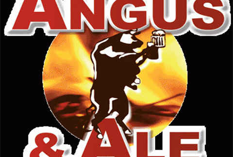 Logo for Angus & Ale featuring a silhouette of a bull holding a frothy mug of beer. The bull is centered over a fiery background, and the text "ANGUS & ALE" is in bold red letters with white outlines.