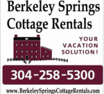 Image of an advertisement for Berkeley Springs Cottage Rentals. It includes an illustration of a red house with a star and white windows. The text says, "Berkeley Springs Cottage Rentals," "Your Vacation Solution!" and provides a phone number 304-258-5300 and a website www.BerkeleySpringsCottageRentals.com.