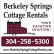 Image of an advertisement for Berkeley Springs Cottage Rentals. It includes an illustration of a red house with a star and white windows. The text says, "Berkeley Springs Cottage Rentals," "Your Vacation Solution!" and provides a phone number 304-258-5300 and a website www.BerkeleySpringsCottageRentals.com.