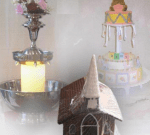 A collage of three objects: a metal basin holding a lit candle with a floral arrangement on top, a tiered cake with baby-themed decorations and a teddy bear at the top, and a model of a small church with a pointed steeple.