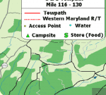 Map showing the C & O Towpath from Mile 116 to 130 with symbols indicating Access Points (yellow marker), Water (blue marker), Campsite (green triangle), and Store (green 'S' shape), as well as the Western Maryland Rail Trail depicted with a red dashed line.