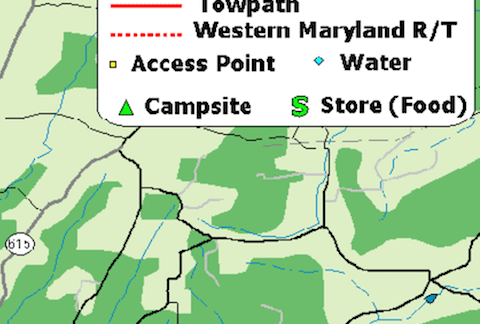 Map showing the C & O Towpath from Mile 116 to 130 with symbols indicating Access Points (yellow marker), Water (blue marker), Campsite (green triangle), and Store (green 'S' shape), as well as the Western Maryland Rail Trail depicted with a red dashed line.