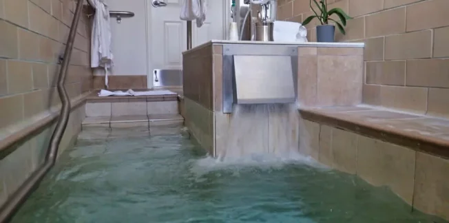 A tranquil indoor spa room with a small pool. Water pours from a stainless steel spout into the pool, surrounded by beige tiles. A towel hangs on the wall, and a potted plant adds a touch of greenery to the scene.