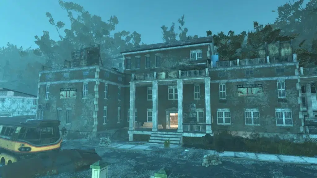 A large, dilapidated brick building with overgrown vegetation, broken windows, and faded walls. The entrance is dimly lit, and abandoned vehicles and debris are scattered in front. The scene appears post-apocalyptic.